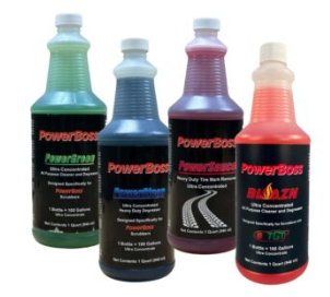 PowerBoss PowerGreen, PowerClean, PowerSauce and Blazin bottles